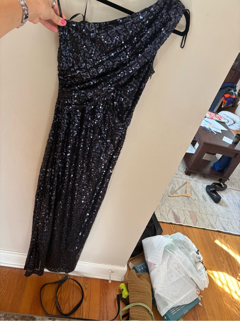 Calvin Klein Black Sequin One-Shoulder Gown